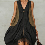 Inès | Mini Dress with Front Zip and Colorblock Tulip Design