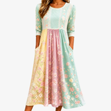 Sukienka Midi z Kieszeniami w Stylu Patchwork Kwiaty Wiosny