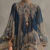 Bérénice | Asymmetrical Mini Dress in Navy Baroque Print with High Collar