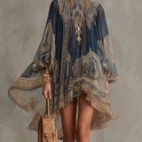 Bérénice | Asymmetrical Mini Dress in Navy Baroque Print with High Collar
