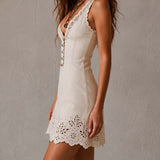 Gabrielle | Ecru Lace Mini Dress with V-Neck