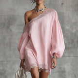 Olivia Mini Dress with Lace, Off-Shoulder Design, and Puff Sleeves