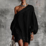 Olivia Mini Dress with Lace, Off-Shoulder Design, and Puff Sleeves